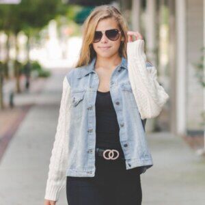 POL Blue Mixed Media with Cable-Knit Sweater Sleeves Denim Jacket Sz S #43S